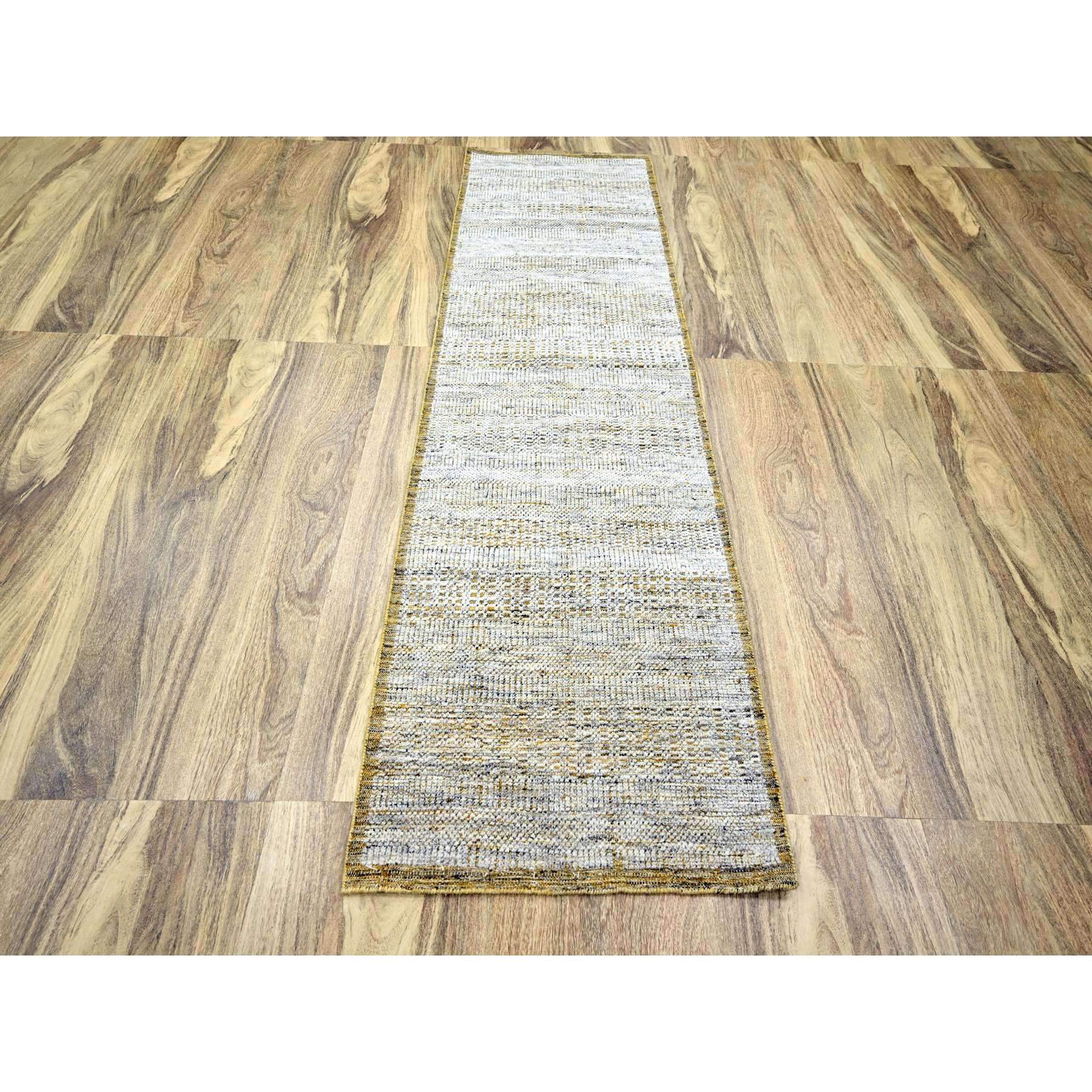 2'8"x8'2" Daisy White with Golden Yellow, Hand Knotted, Oxidized and Distressed Grass Design with Exposed Warps, 100% Wool, Runner, Oriental Rug HR76275 - Image 2
