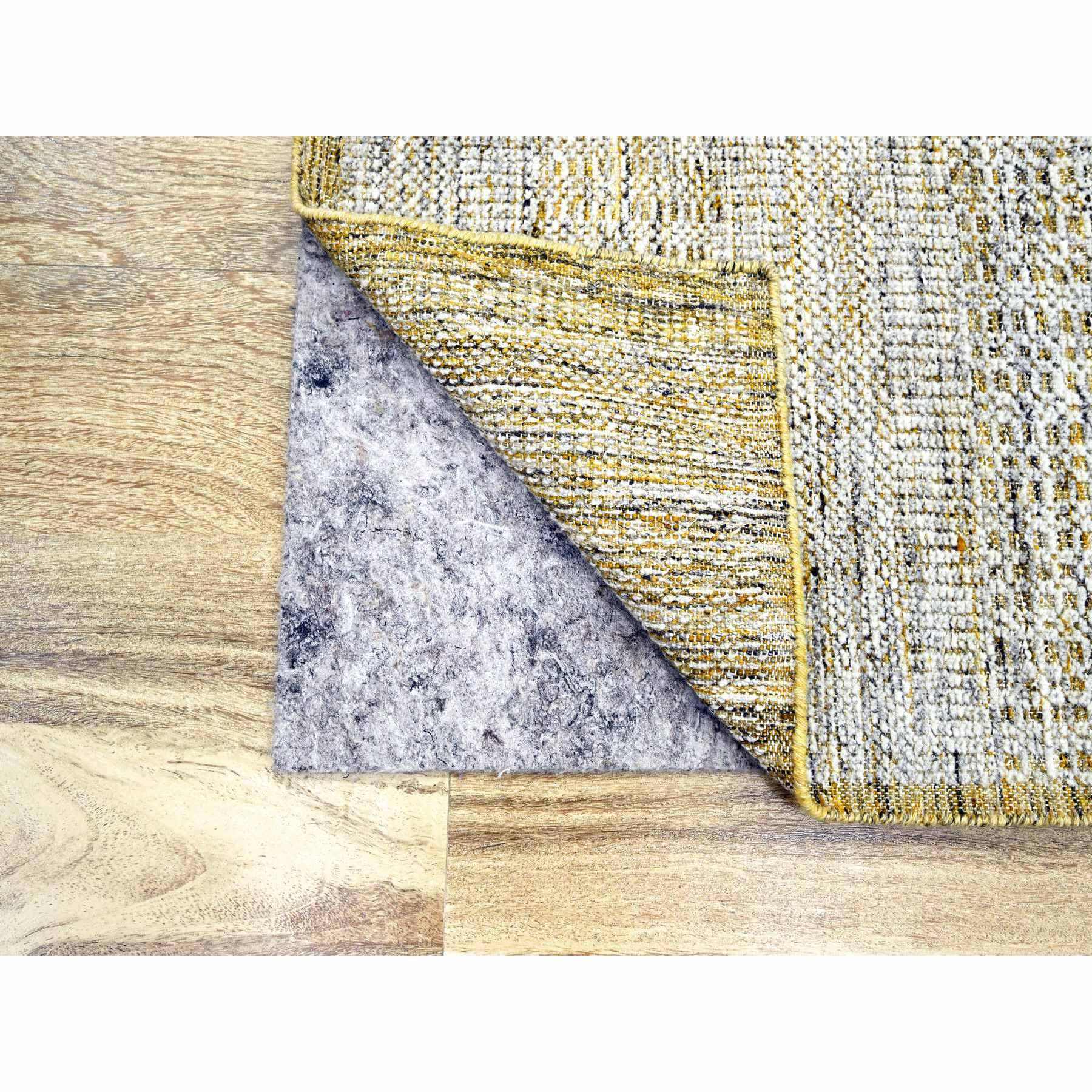 2'8"x8'2" Daisy White with Golden Yellow, Hand Knotted, Oxidized and Distressed Grass Design with Exposed Warps, 100% Wool, Runner, Oriental Rug HR76275 - Image 3
