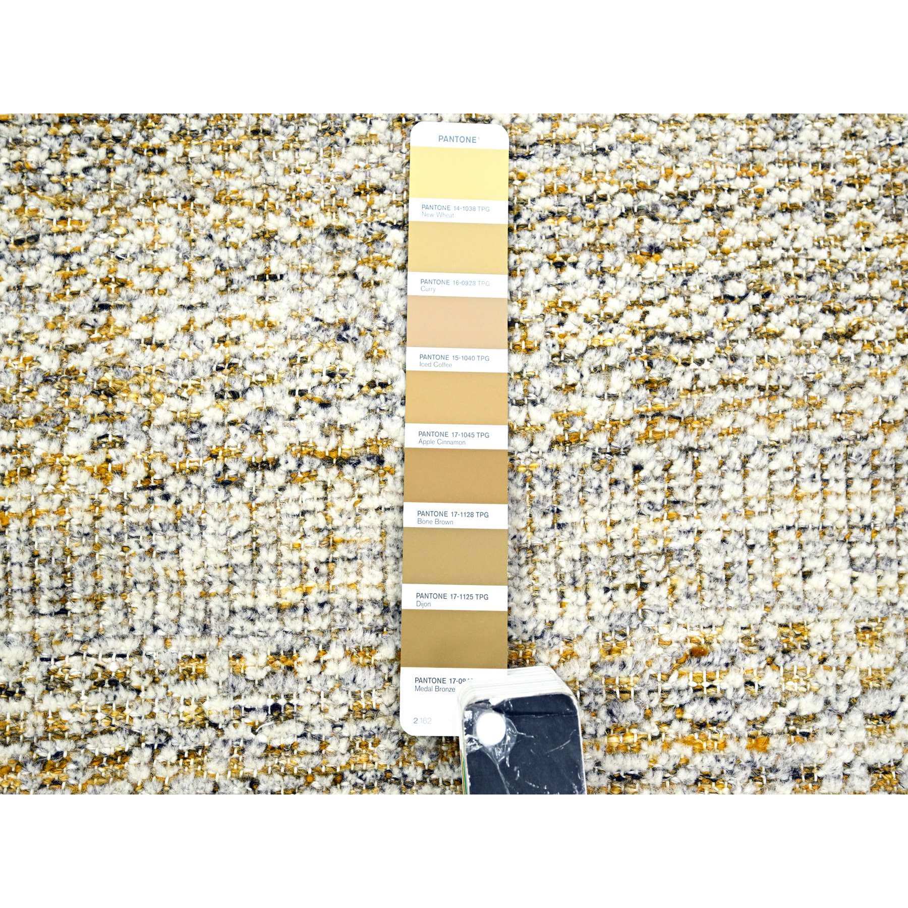 2'8"x8'2" Daisy White with Golden Yellow, Hand Knotted, Oxidized and Distressed Grass Design with Exposed Warps, 100% Wool, Runner, Oriental Rug HR76275 - Image 4