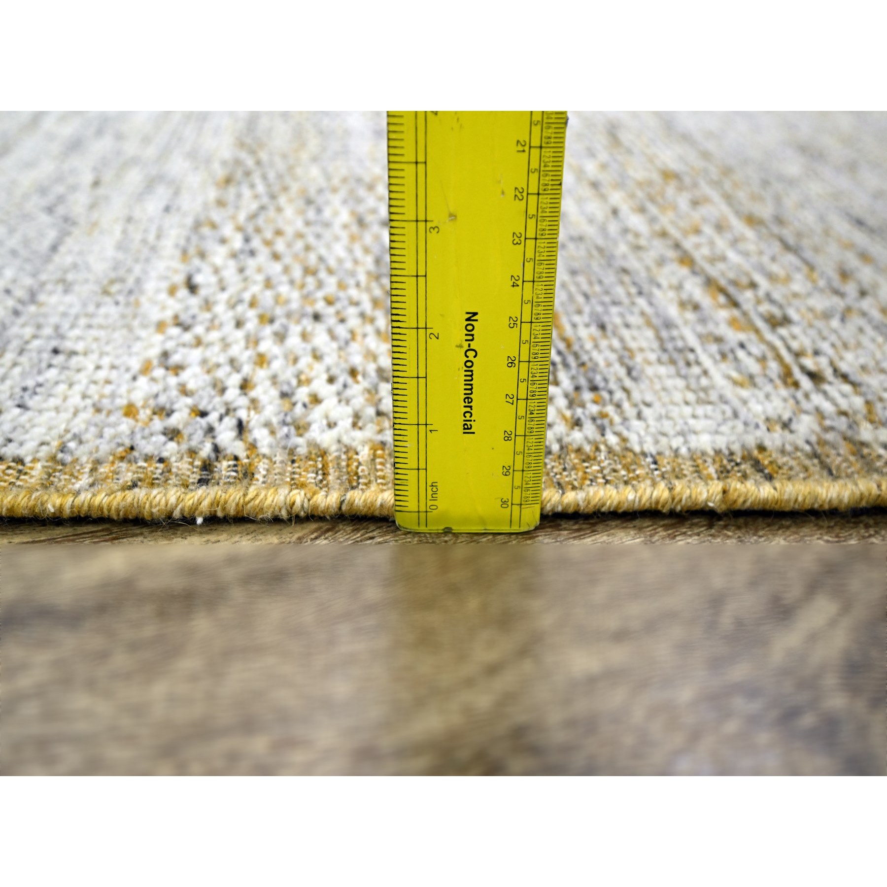 2'8"x8'2" Daisy White with Golden Yellow, Hand Knotted, Oxidized and Distressed Grass Design with Exposed Warps, 100% Wool, Runner, Oriental Rug HR76275 - Image 6