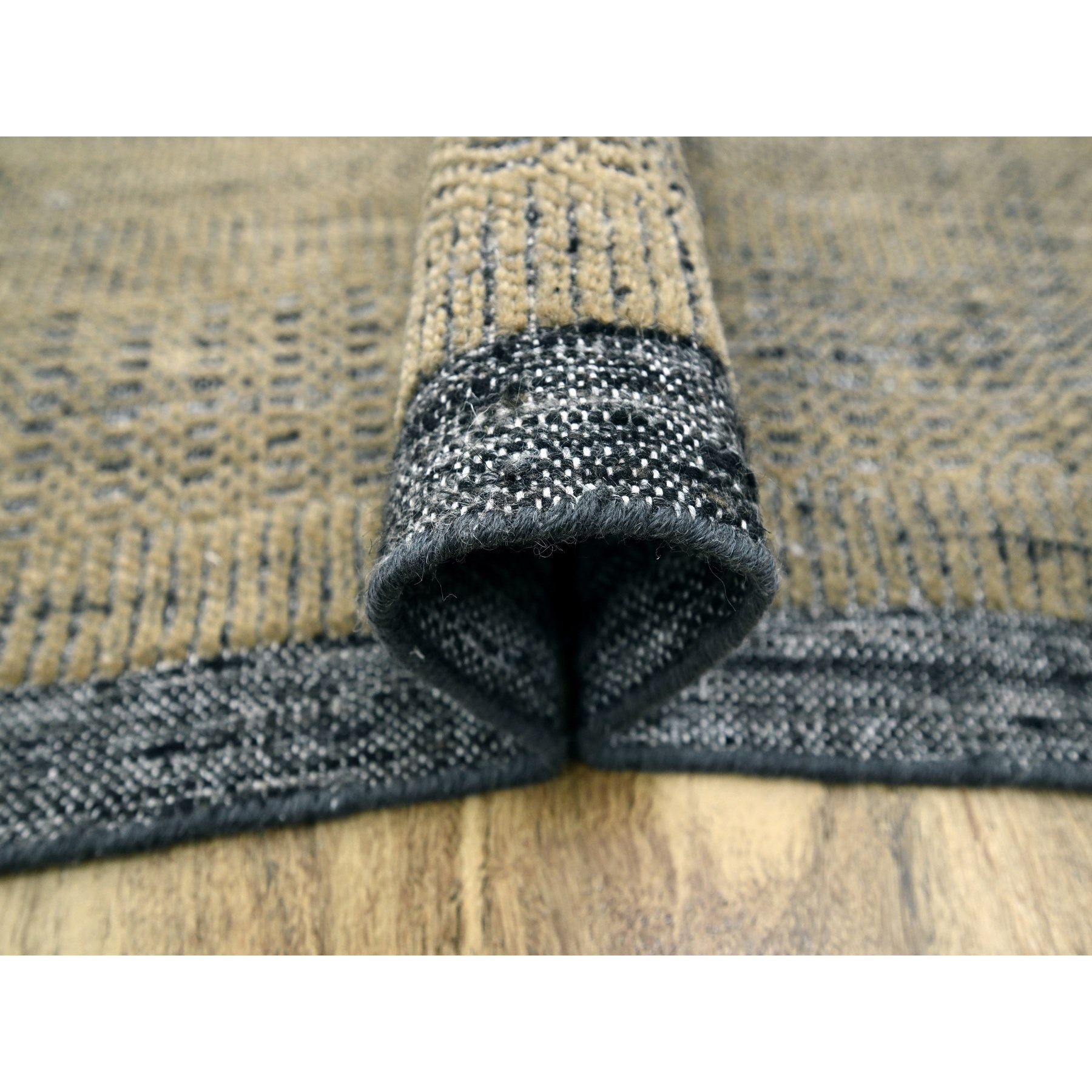 11'10"x15' Latte Brown with Charcoal Black, Oxidized and Distressed Grass Design with Exposed Warps, 100% Wool, Hand Knotted, Oversized, Oriental Rug HR76288 - Image 5