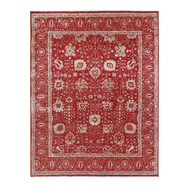 7'9"x10' Crimson Red, Persian Tabriz Influence Design, Wool & Silk, Tone on Tone, Hand Knotted, Oriental Rug HR76306