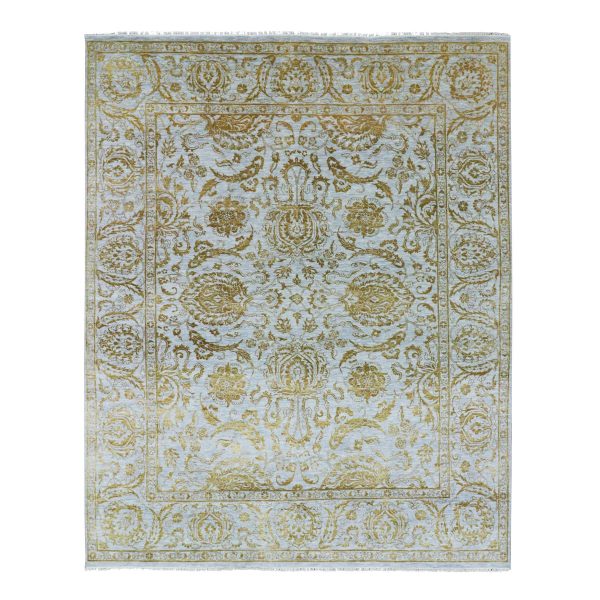 8'x10' Beau Blue with Golden Brown, Persian Influence Design, Tone on Tone, Wool & Silk, Hand Knotted, Oriental Rug HR76308