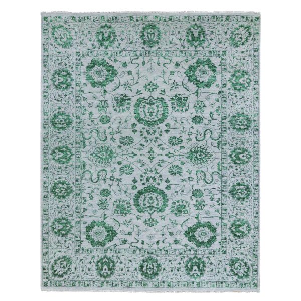 8'x10'1" Snow White with Forest Green, Persian Tabriz Influence Design, 100% Wool, Tone on Tone, Hand Knotted, Oriental Rug HR76310
