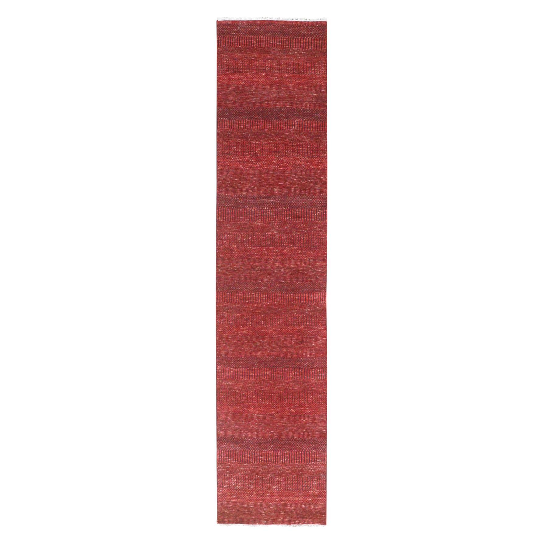 2'6"x11'10" Ruby Red, Modern Grass Design, Hand Knotted, Denser Weave, Tone on Tone, Wool and Silk, Lush and Plush, Runner, Oriental Rug HR76317