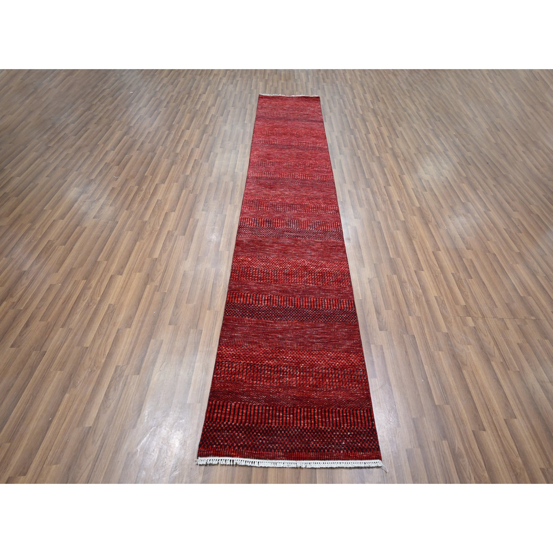 2'6"x11'10" Ruby Red, Modern Grass Design, Hand Knotted, Denser Weave, Tone on Tone, Wool and Silk, Lush and Plush, Runner, Oriental Rug HR76317 - Image 2