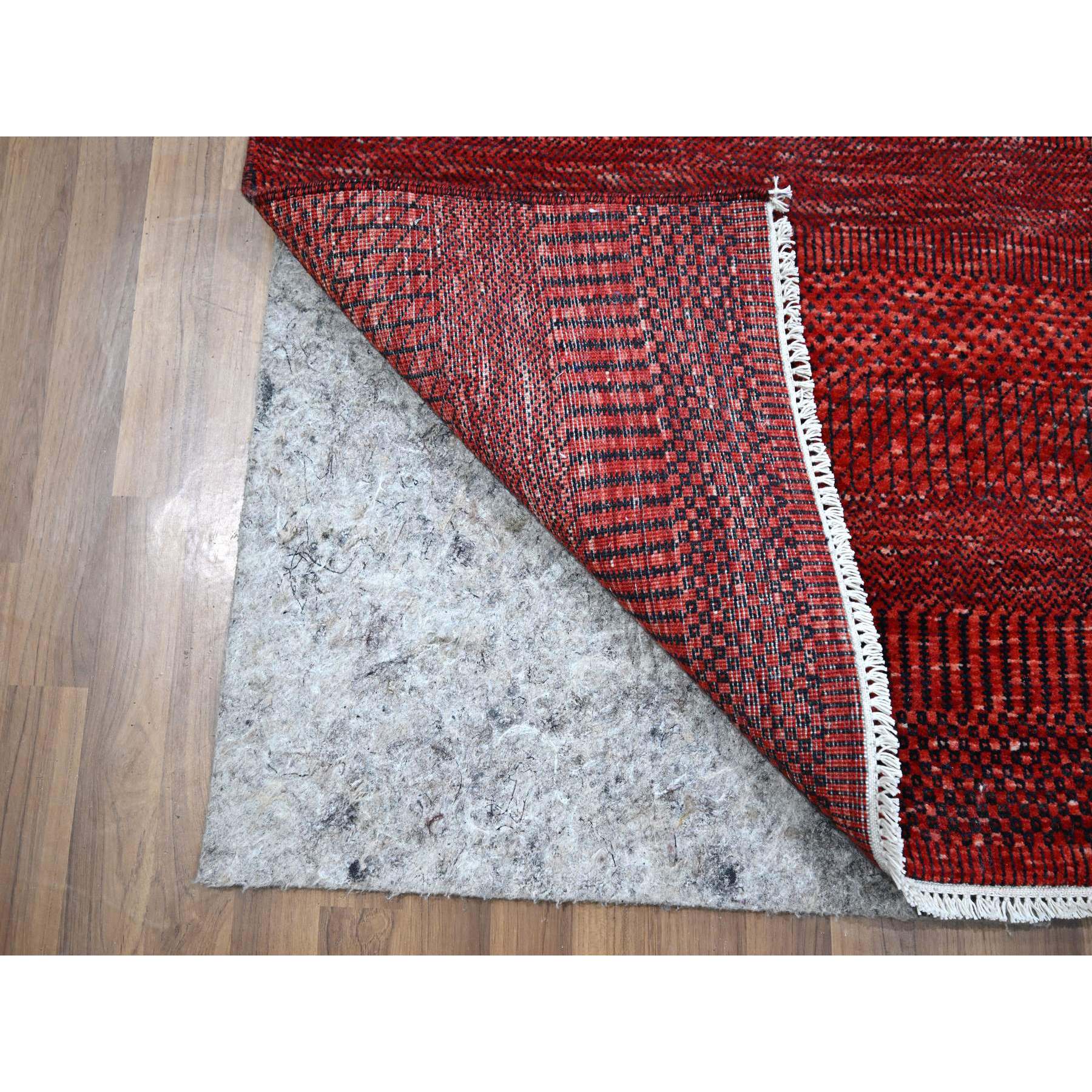 2'6"x11'10" Ruby Red, Modern Grass Design, Hand Knotted, Denser Weave, Tone on Tone, Wool and Silk, Lush and Plush, Runner, Oriental Rug HR76317 - Image 3