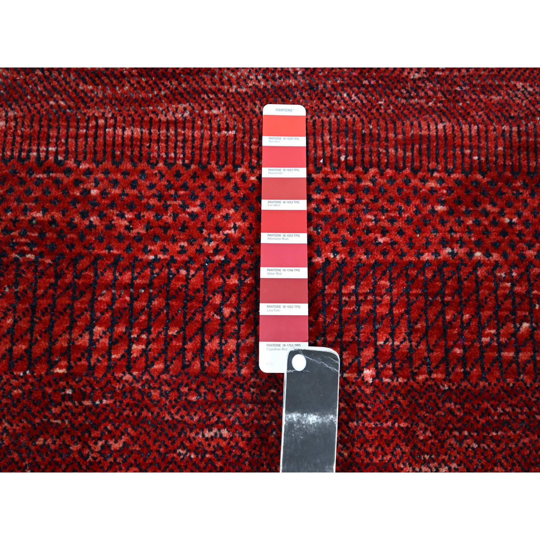 2'6"x11'10" Ruby Red, Modern Grass Design, Hand Knotted, Denser Weave, Tone on Tone, Wool and Silk, Lush and Plush, Runner, Oriental Rug HR76317 - Image 4