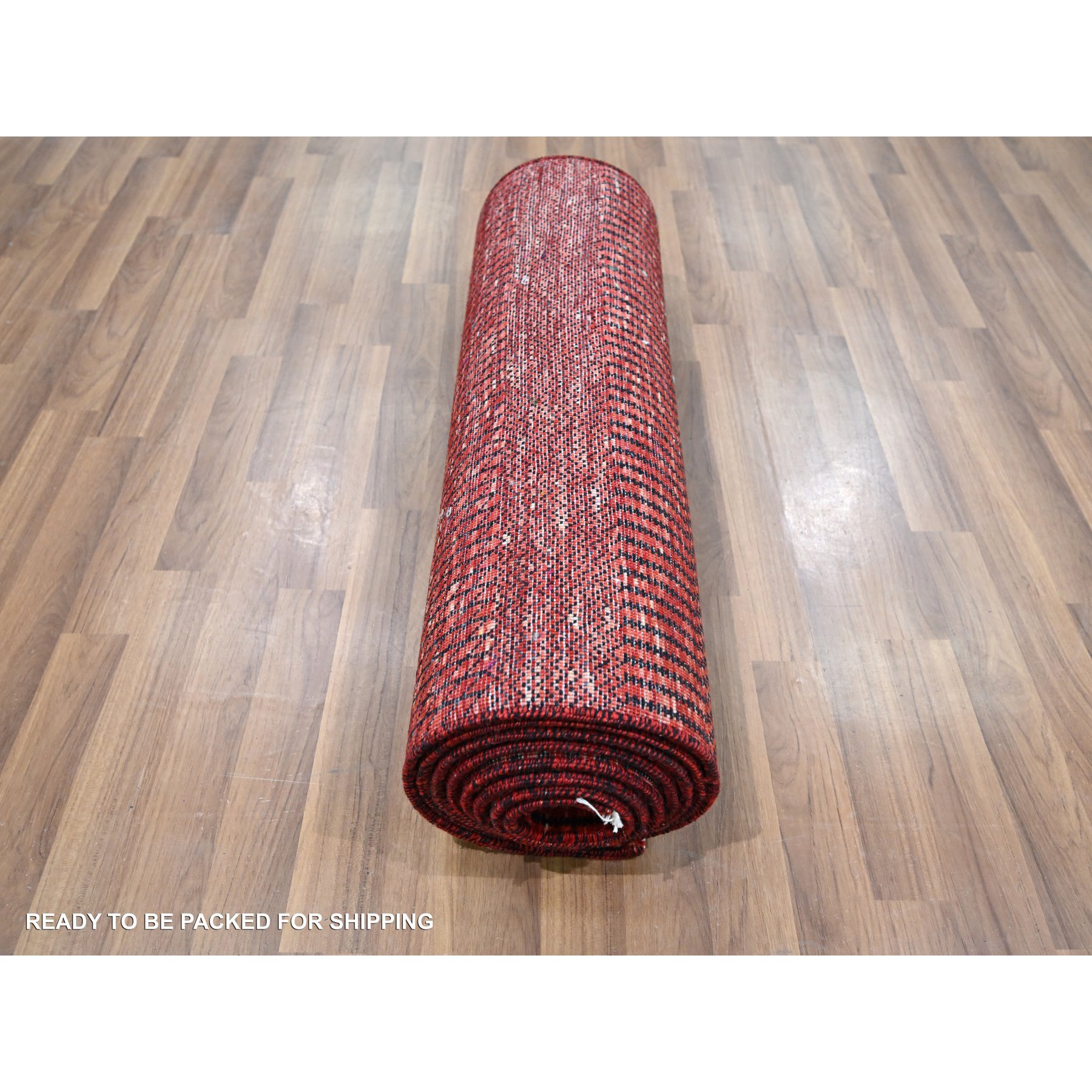 2'6"x11'10" Ruby Red, Modern Grass Design, Hand Knotted, Denser Weave, Tone on Tone, Wool and Silk, Lush and Plush, Runner, Oriental Rug HR76317 - Image 5