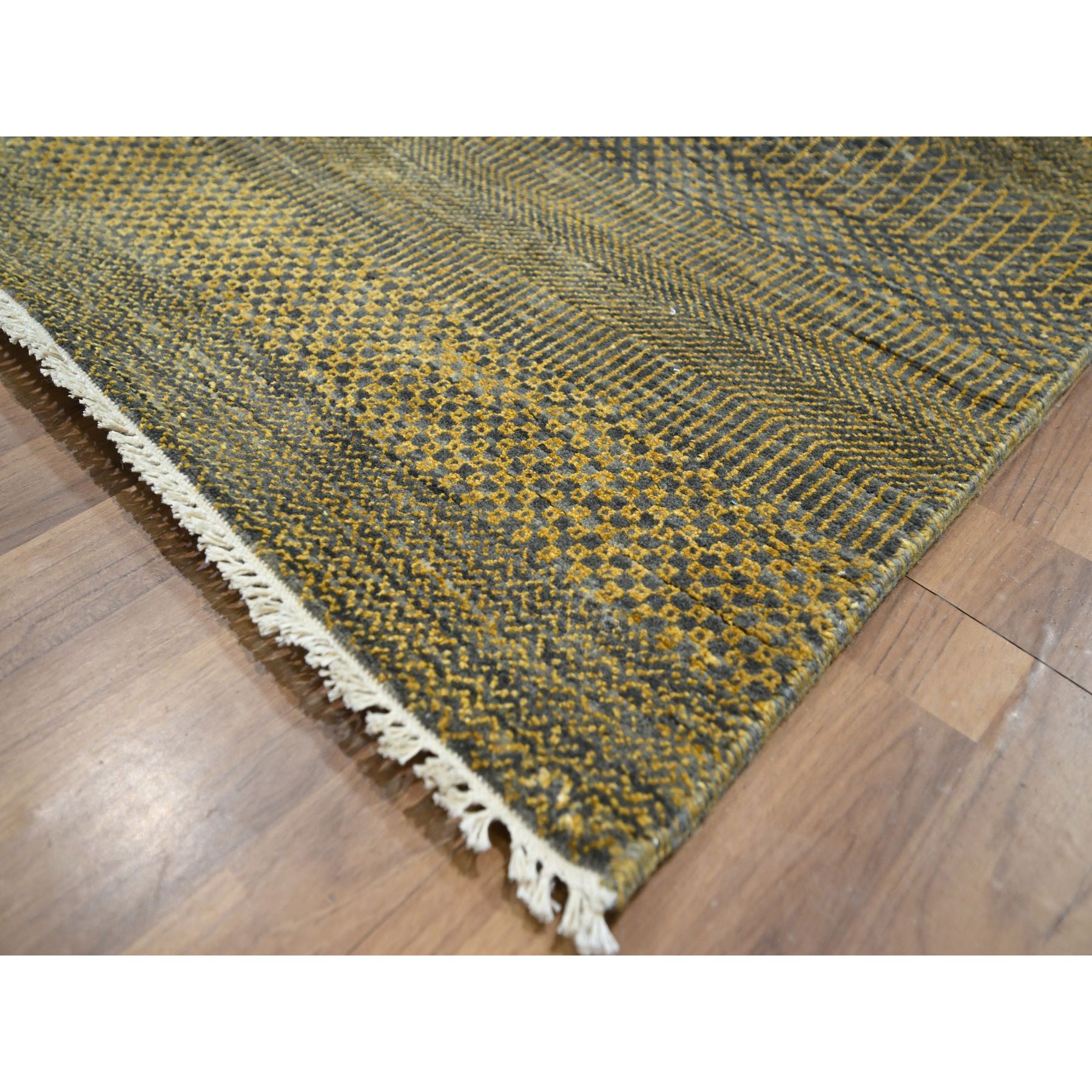 9'2"x12'6" Bone Brown, Modern Grass Design, Hand Knotted, Borderless, Denser Weave, Tone on Tone, Wool and Silk, Lush and Plush, Oriental Rug HR76323 - Image 6