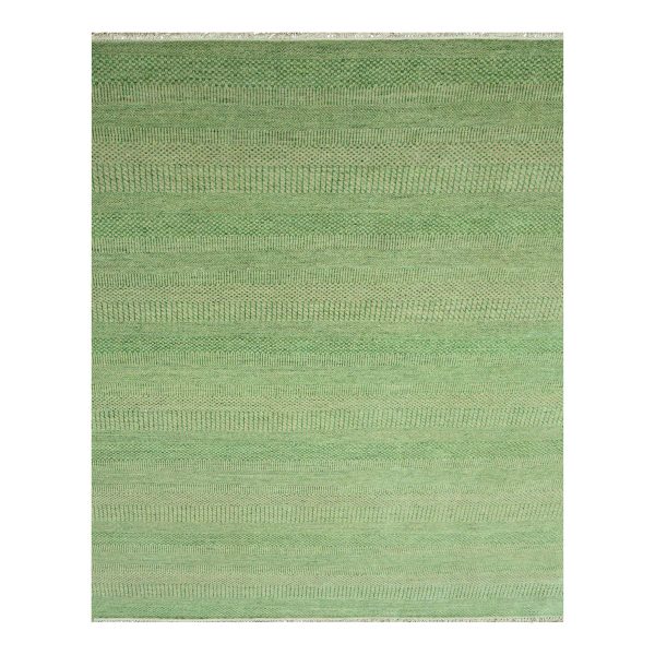 8'1"x10'3" Peppermint Green, Modern Grass Design, Hand Knotted, Denser Weave, Tone on Tone, Borderless, Wool and Silk, Lush and Plush, Oriental Rug HR76343