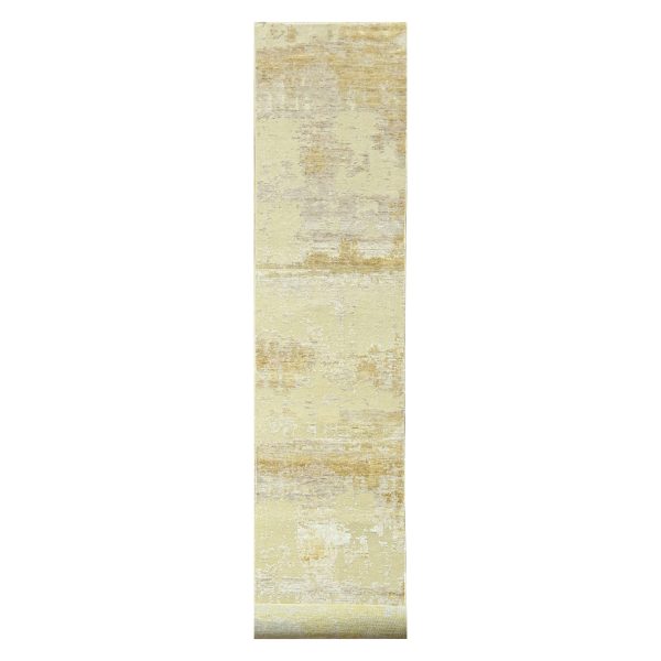 2'6"x19' Parchment White & Brown, Modern Abstract Design with Natural Colors, Wool and Silk, Hand Knotted, XL Runner, Oriental Rug HR76352