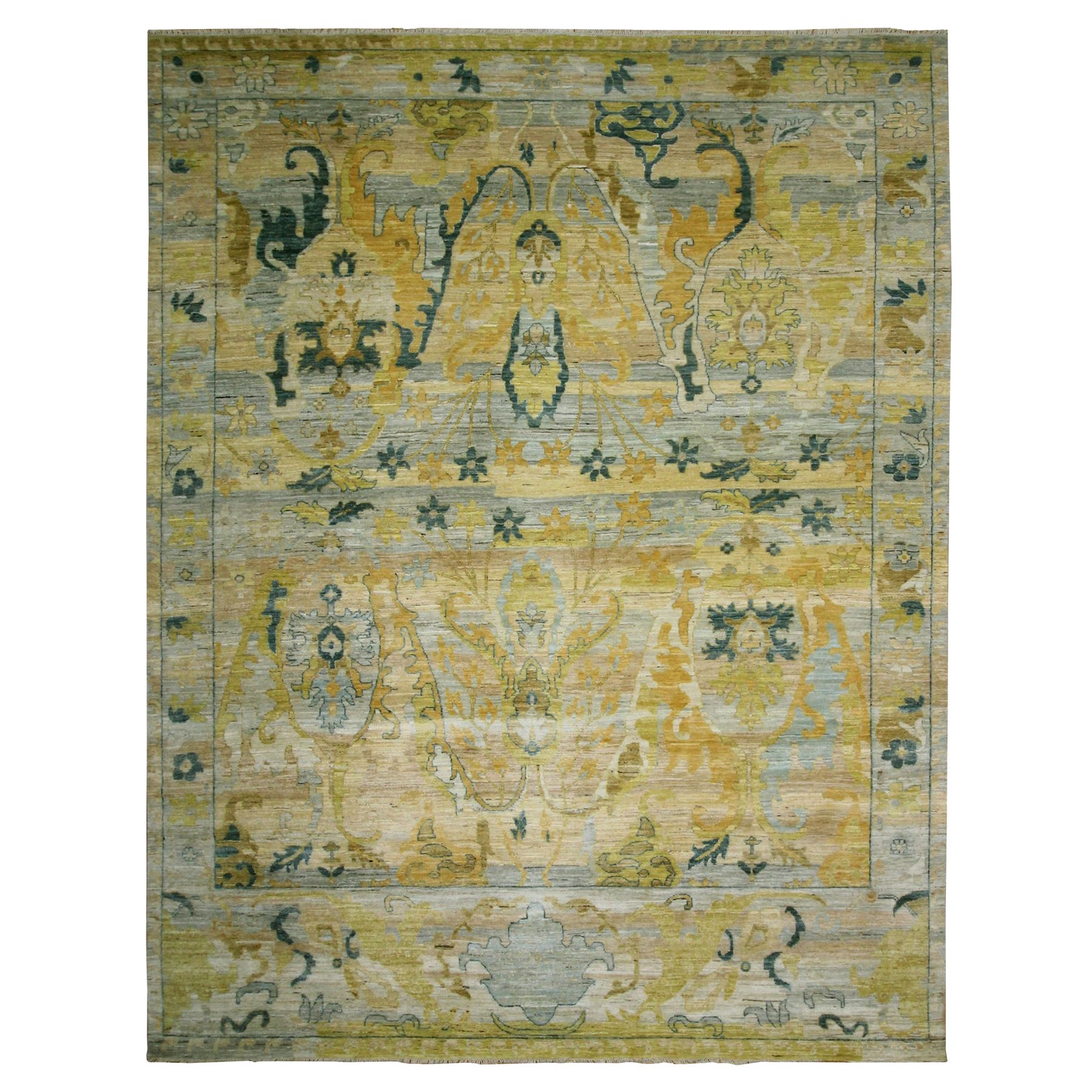 9'1"x12'1" Pastel Gray with Touches of Gold, Antiqued Persian Bijar Garus Design, Distinct Abrash, Hand Knotted, 100% Wool, Vegetable Dyes, Oriental Rug HR76687