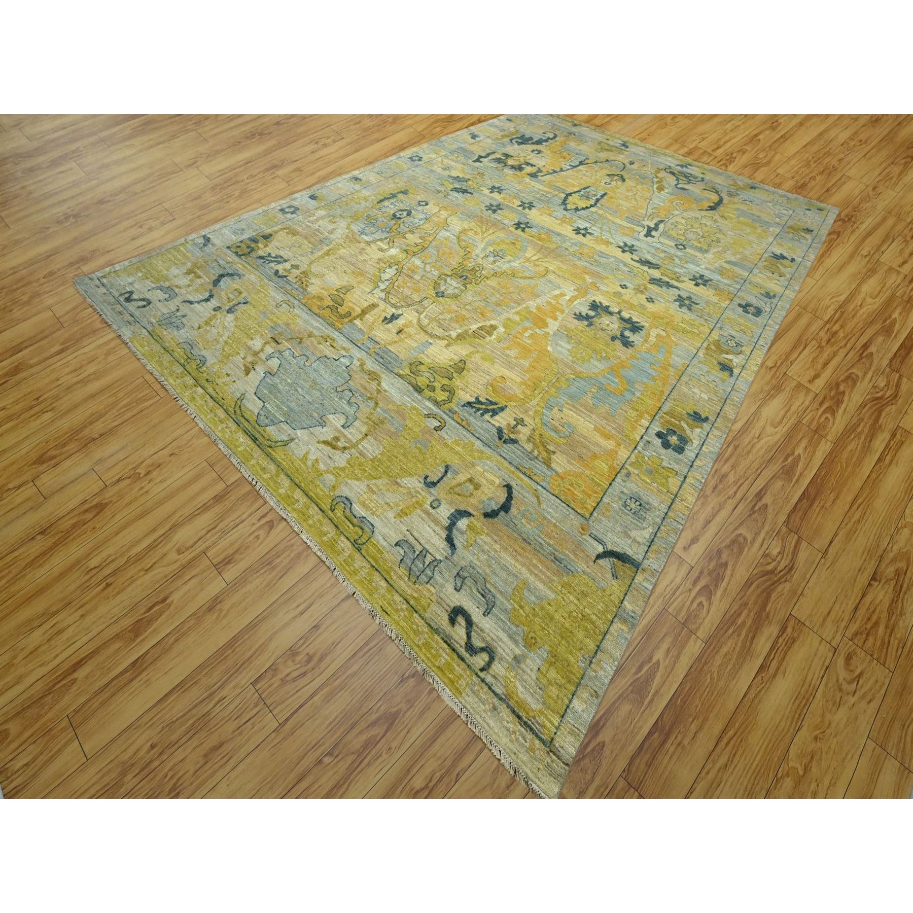 9'1"x12'1" Pastel Gray with Touches of Gold, Antiqued Persian Bijar Garus Design, Distinct Abrash, Hand Knotted, 100% Wool, Vegetable Dyes, Oriental Rug HR76687 - Image 3