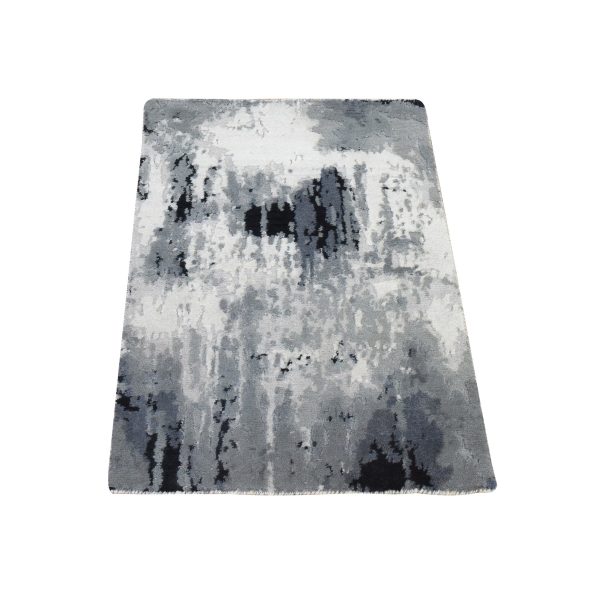 2'x3' Black with Touches of Ivory, Hand Knotted, Abstract Design, Wool and Silk, Oriental, Mat, Sample, Rug HR78402