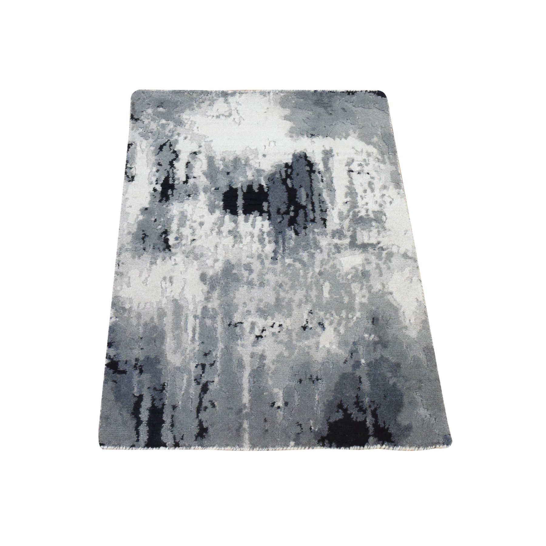 2'x3' Black with Touches of Ivory, Hand Knotted, Abstract Design, Wool and Silk, Oriental, Mat, Sample, Rug HR78402