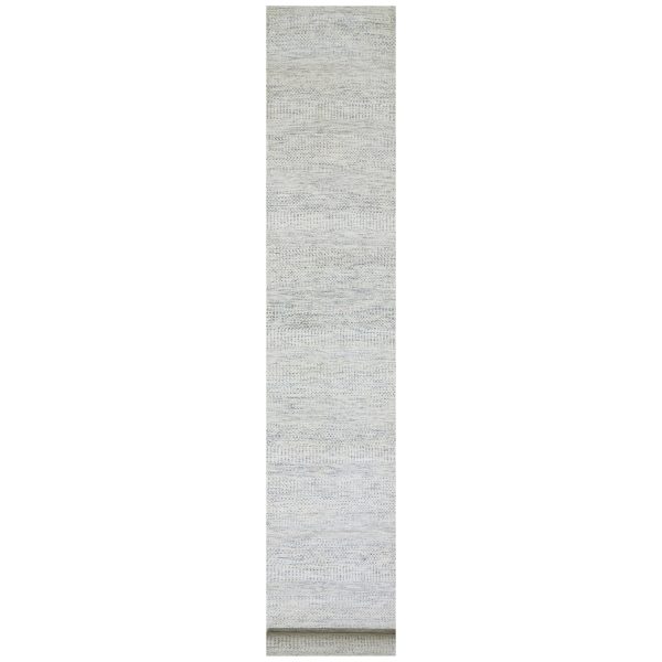 2'5"x21'9" Moonshine Gray, Borderless Modern Grass Design, Undyed, Tone On Tone, Hand Knotted  Organic Wool, XL Runner Oriental Rug HR79832