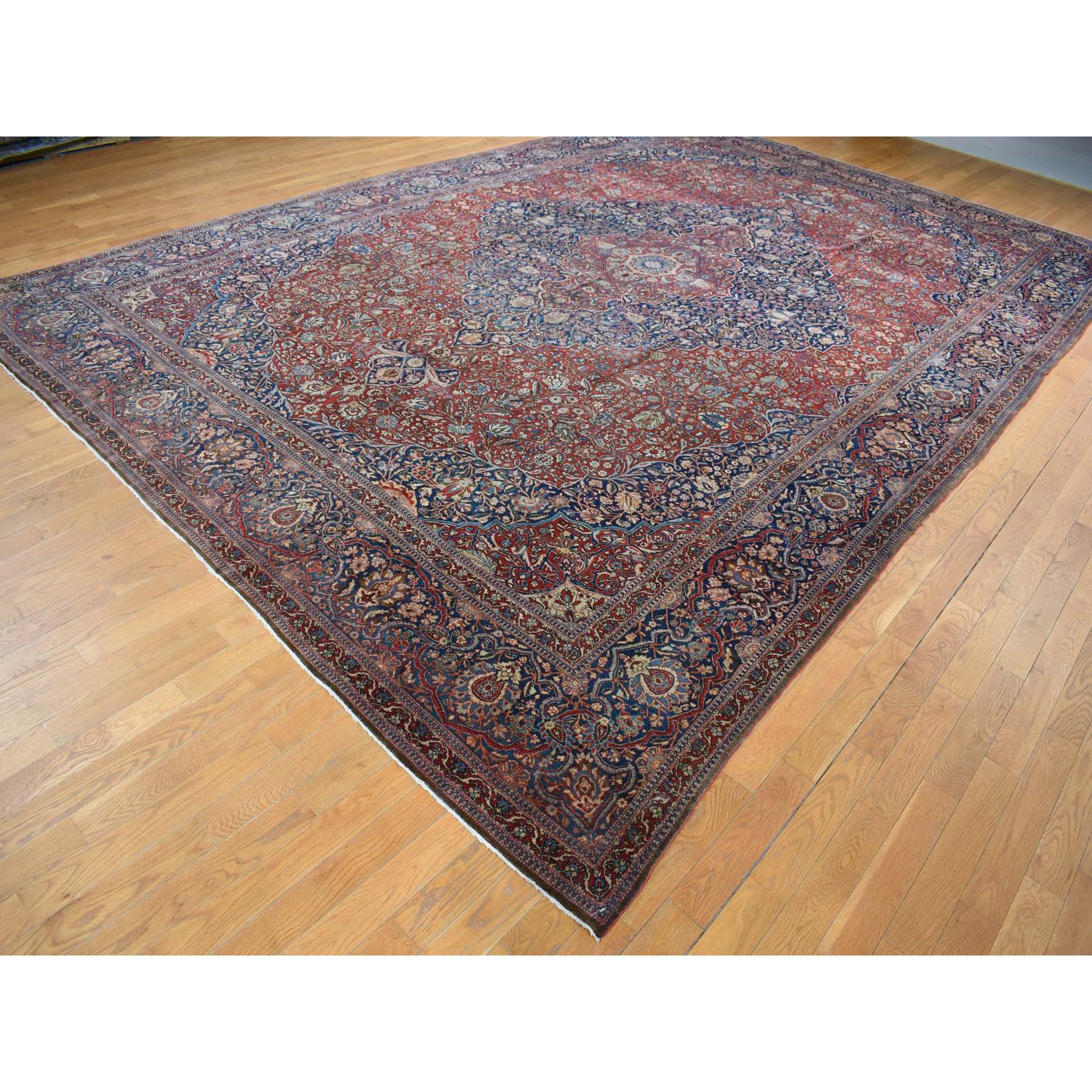 11'2"x16'8" Barn Red, Antique Persian Kashan Debir, Hand Knotted, Pure Wool, Dense Weave, Soft, Evenly Worn, Sides and Ends Professionally Secured, Cleaned, Oversized Oriental Rug HR80779 - Image 3