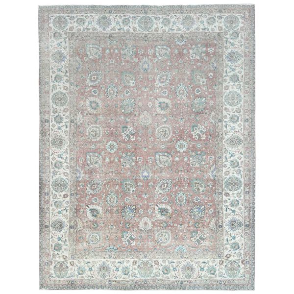 11'1"x14'7" Faded Red Vintage Persian Tabriz with All Over Design, Worn Wool, Distressed Look, Sheared Low, Shabby Chic, Hand Knotted Oversized Oriental Rug HR81742