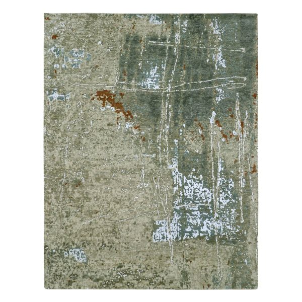 7'10"x10'2" Beige with Green, Pure Wool, Abstract with Galaxy Design, Persian Knot, Hand Knotted, Densely Woven, Oriental Rug HR83134