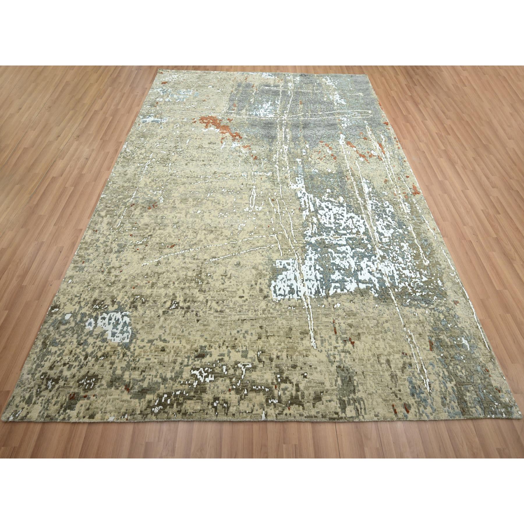 7'10"x10'2" Beige with Green, Pure Wool, Abstract with Galaxy Design, Persian Knot, Hand Knotted, Densely Woven, Oriental Rug HR83134 - Image 2