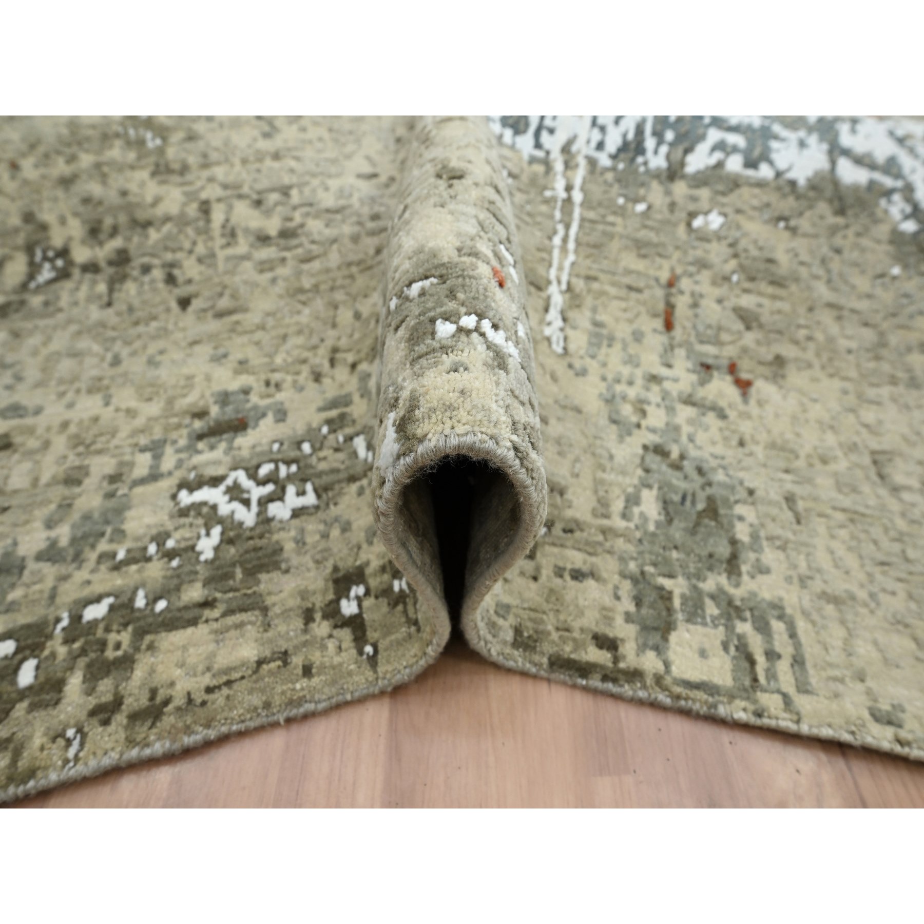 7'10"x10'2" Beige with Green, Pure Wool, Abstract with Galaxy Design, Persian Knot, Hand Knotted, Densely Woven, Oriental Rug HR83134 - Image 5