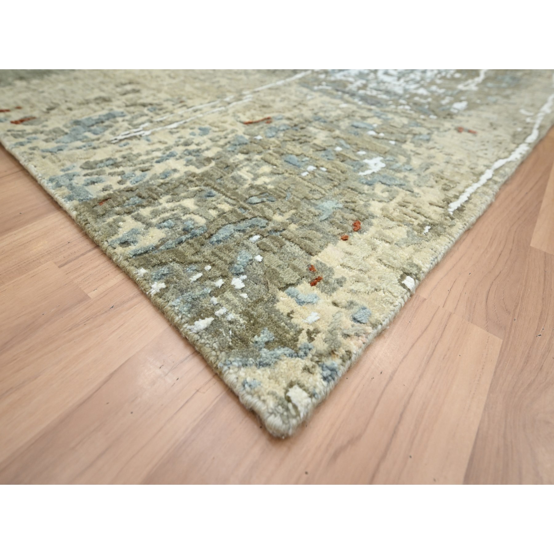7'10"x10'2" Beige with Green, Pure Wool, Abstract with Galaxy Design, Persian Knot, Hand Knotted, Densely Woven, Oriental Rug HR83134 - Image 6