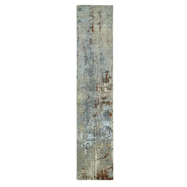2'7"x13' Nevada Gray with Beige, 100% Wool, Abstract with Galaxy Design, Persian Knot, Hand Knotted, Densely Woven, Runner, Oriental Rug HR83167