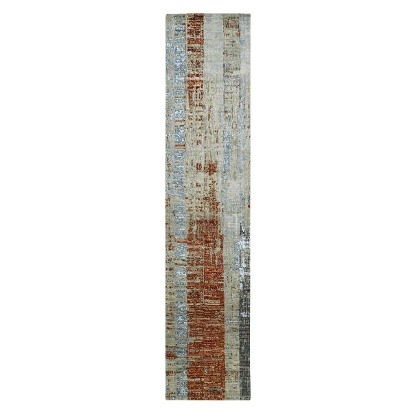 2'7"x11'10" Beige with Rust Orange, Persian Knot, Abstract with Galaxy Design, 100% Wool, Hand Knotted, Densely Woven, Runner, Oriental Rug HR83169