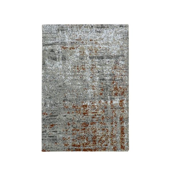 4'x6' Spanish Gray with Rust, Persian Knot, Abstract with Galaxy Design, Pure Wool, Hand Knotted, Densely Woven, Oriental Rug HR83184