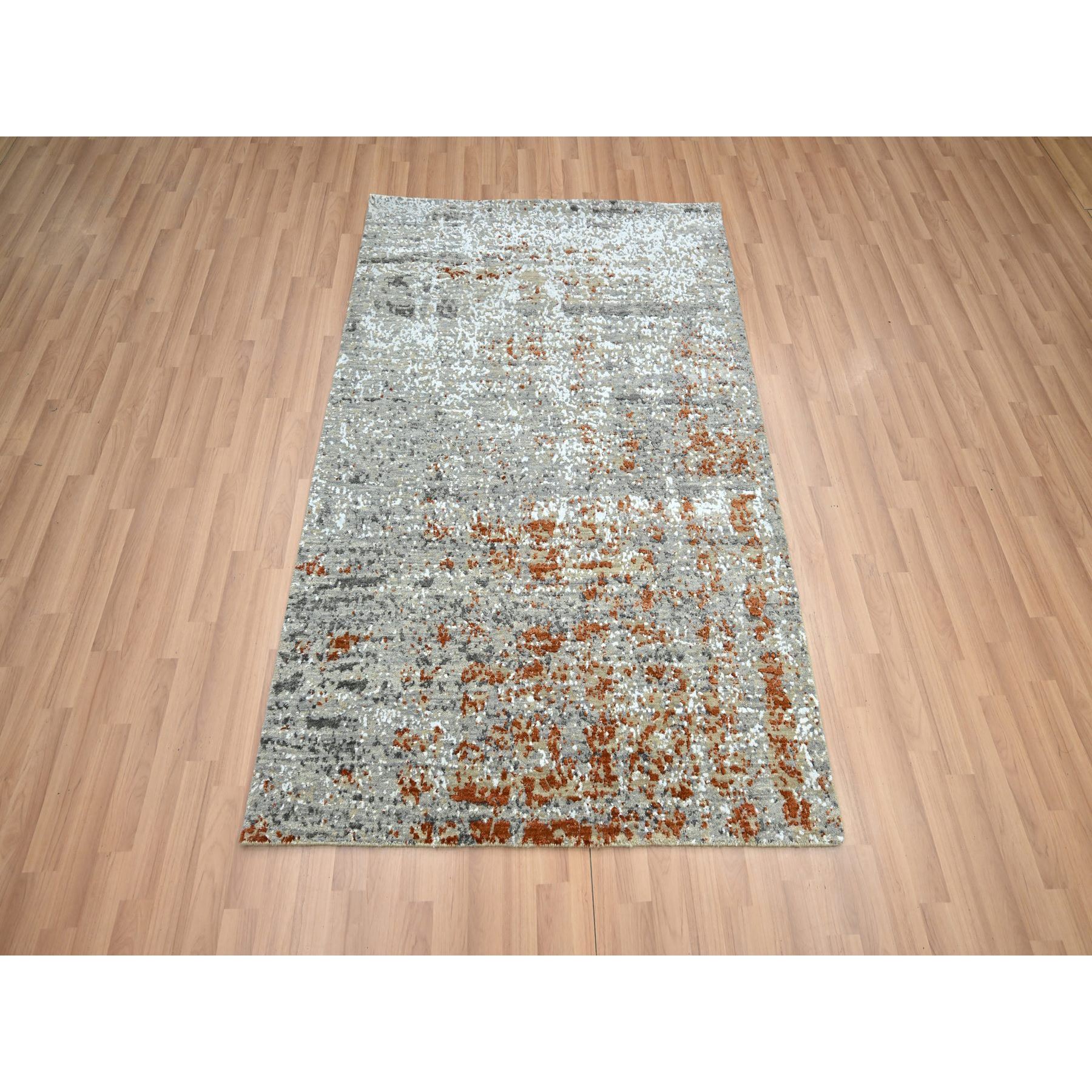 4'x6' Spanish Gray with Rust, Persian Knot, Abstract with Galaxy Design, Pure Wool, Hand Knotted, Densely Woven, Oriental Rug HR83184 - Image 2