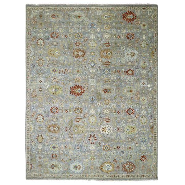 9'2"x12' Flint Gray, Agra with Ziegler Design, Geometric Leaf Pattern, Hand Knotted, 100% Wool, Natural Dyes, Oriental Rug HR83198