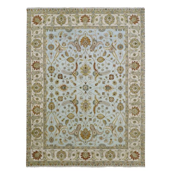 9'x12' Powder Blue, Pure Wool, Agra with Ziegler Design, Floral Motifs, Hand Knotted, Vegetable Dyes, Oriental Rug HR83199