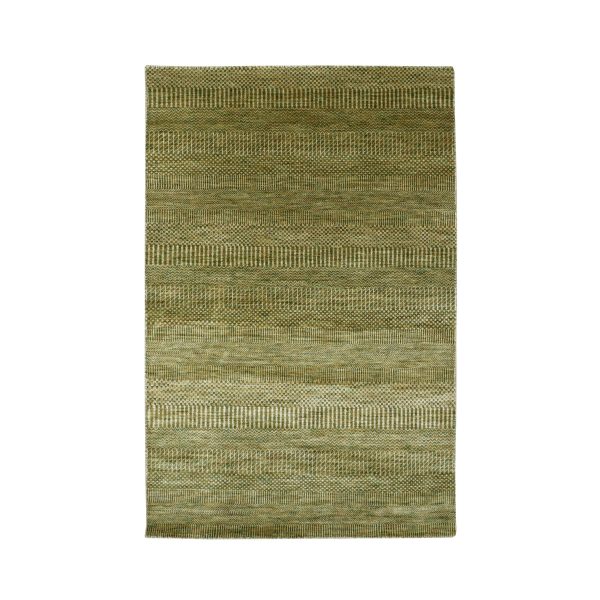 4'x6'1" Amber Green, Wool and Silk, Modern Grass Design, Hand Knotted, Soft Pile, Denser Weave, Tone on Tone, Oriental Rug HR83217