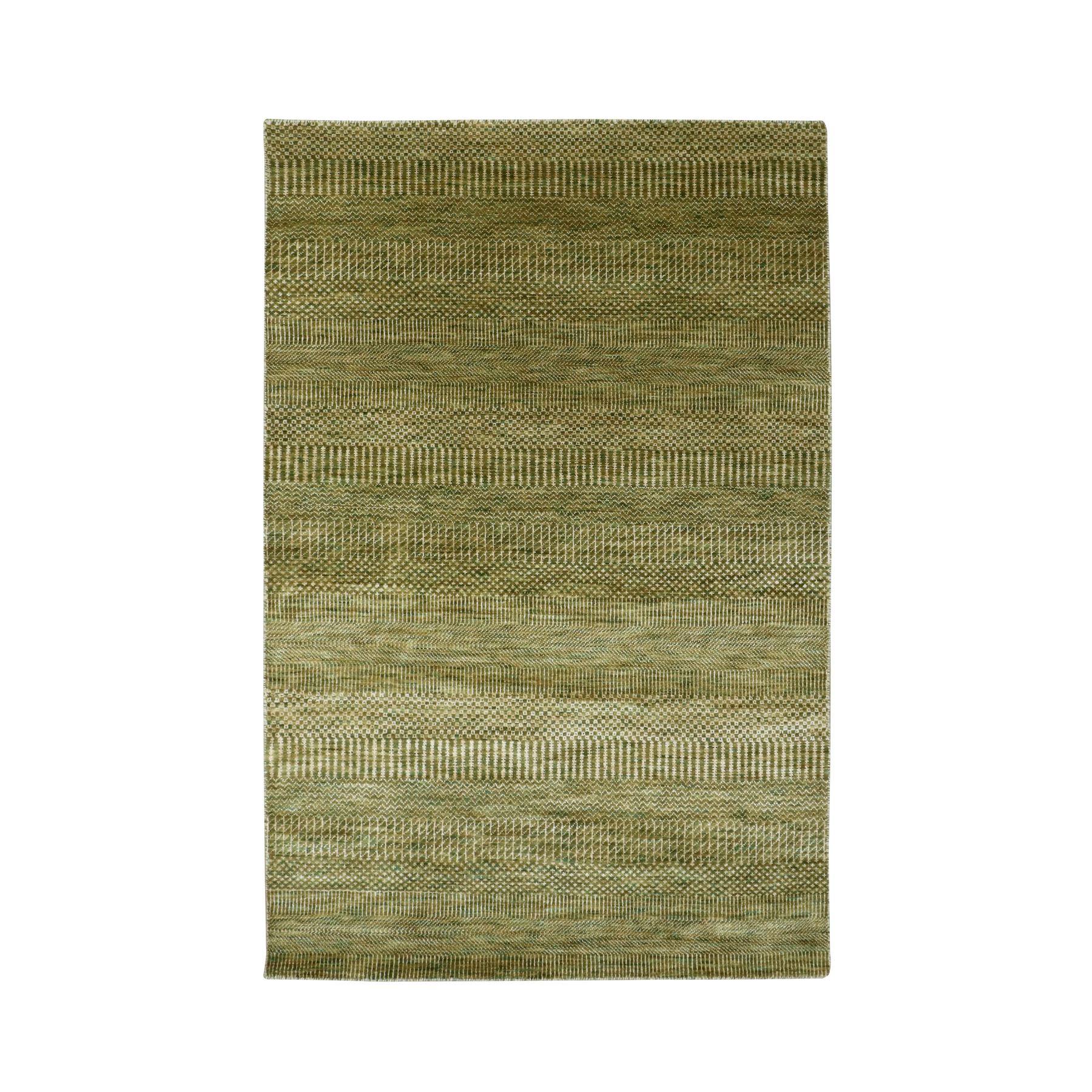 4'x6'1" Amber Green, Wool and Silk, Modern Grass Design, Hand Knotted, Soft Pile, Denser Weave, Tone on Tone, Oriental Rug HR83217