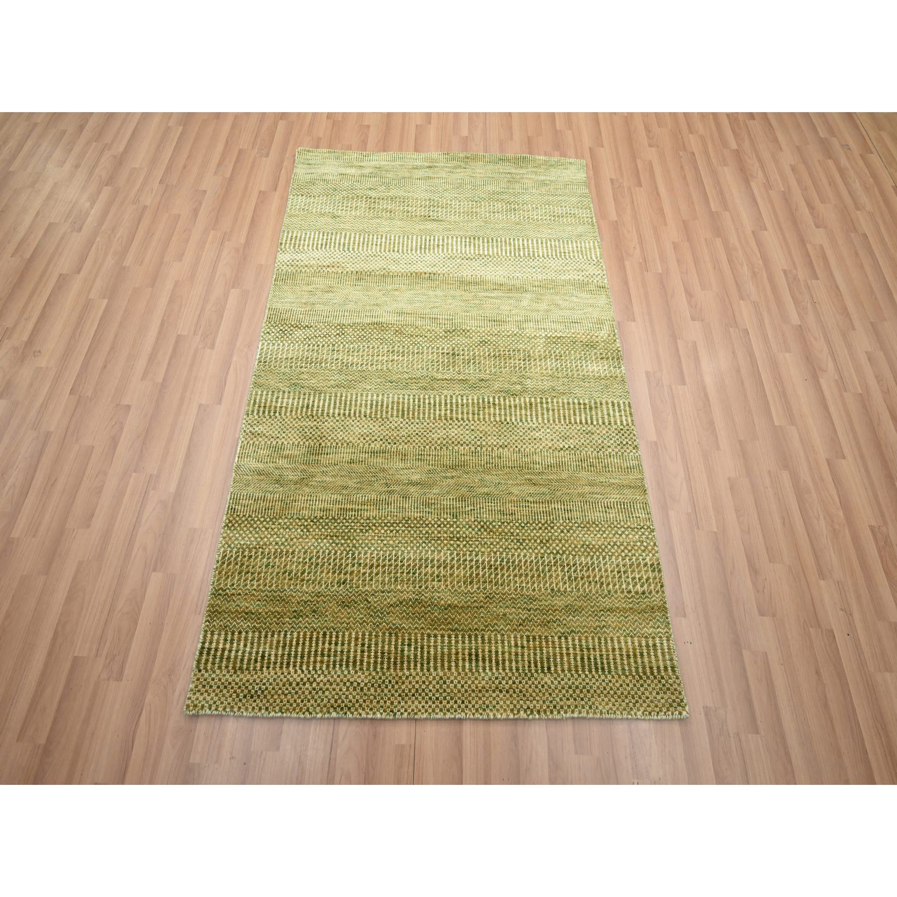4'x6'1" Amber Green, Wool and Silk, Modern Grass Design, Hand Knotted, Soft Pile, Denser Weave, Tone on Tone, Oriental Rug HR83217 - Image 2