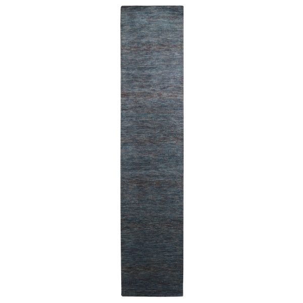 2'7"x12'2" Denim Blue, Modern Grass Design, Hand Knotted, Denser Weave, Wool and Silk, Lush and Plush, Runner, Oriental Rug HR83221