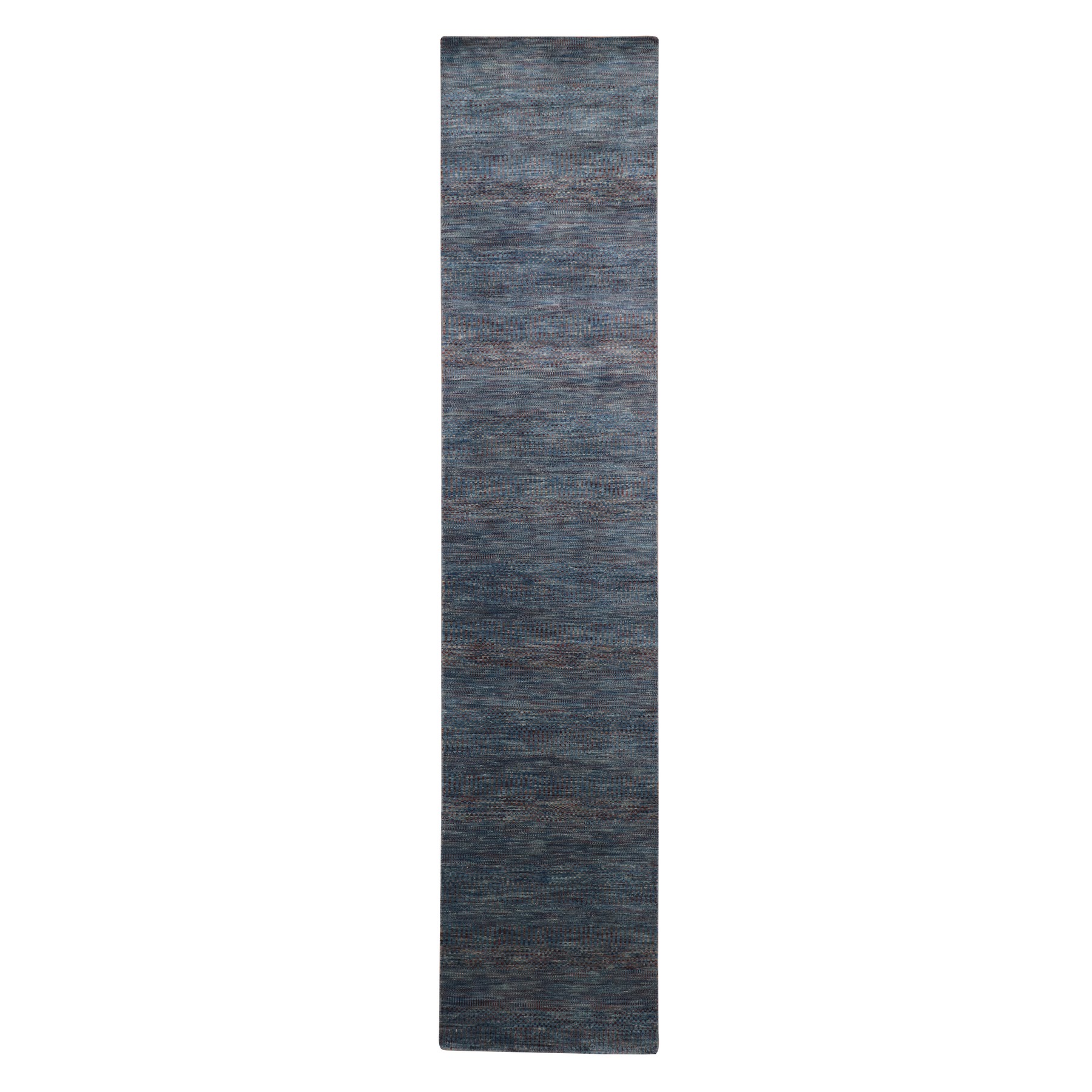 2'7"x12'3" Space Cadet Blue, Modern Grass Design, Denser Weave, Wool and Silk, Hand Knotted, Lush and Plush, Runner, Oriental Rug HR83223