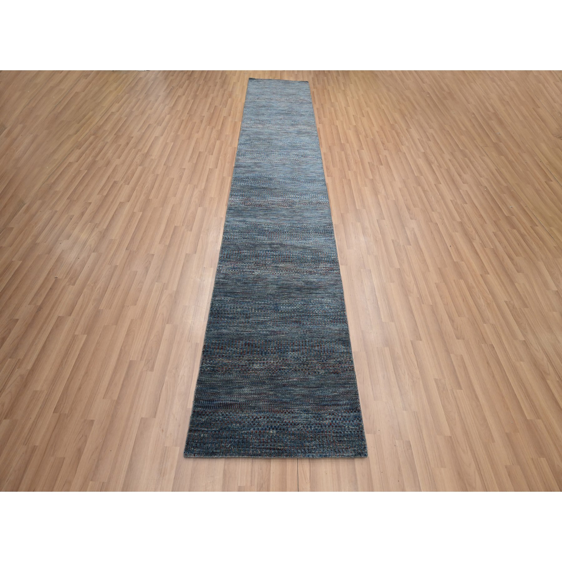 2'7"x12'3" Space Cadet Blue, Modern Grass Design, Denser Weave, Wool and Silk, Hand Knotted, Lush and Plush, Runner, Oriental Rug HR83223 - Image 2