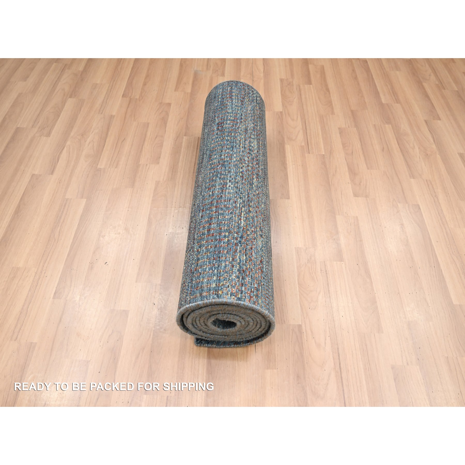 2'7"x12'3" Space Cadet Blue, Modern Grass Design, Denser Weave, Wool and Silk, Hand Knotted, Lush and Plush, Runner, Oriental Rug HR83223 - Image 5