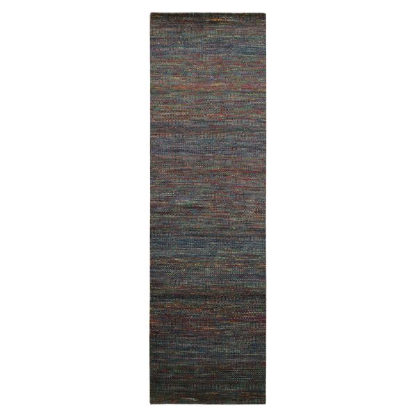 3'x10'2" Cobalt Blue, Hand Knotted, Colorful Grass Design, Wool and Silk, Tone on Tone, Modern, Lush and Plush, Runner, Oriental Rug HR83244