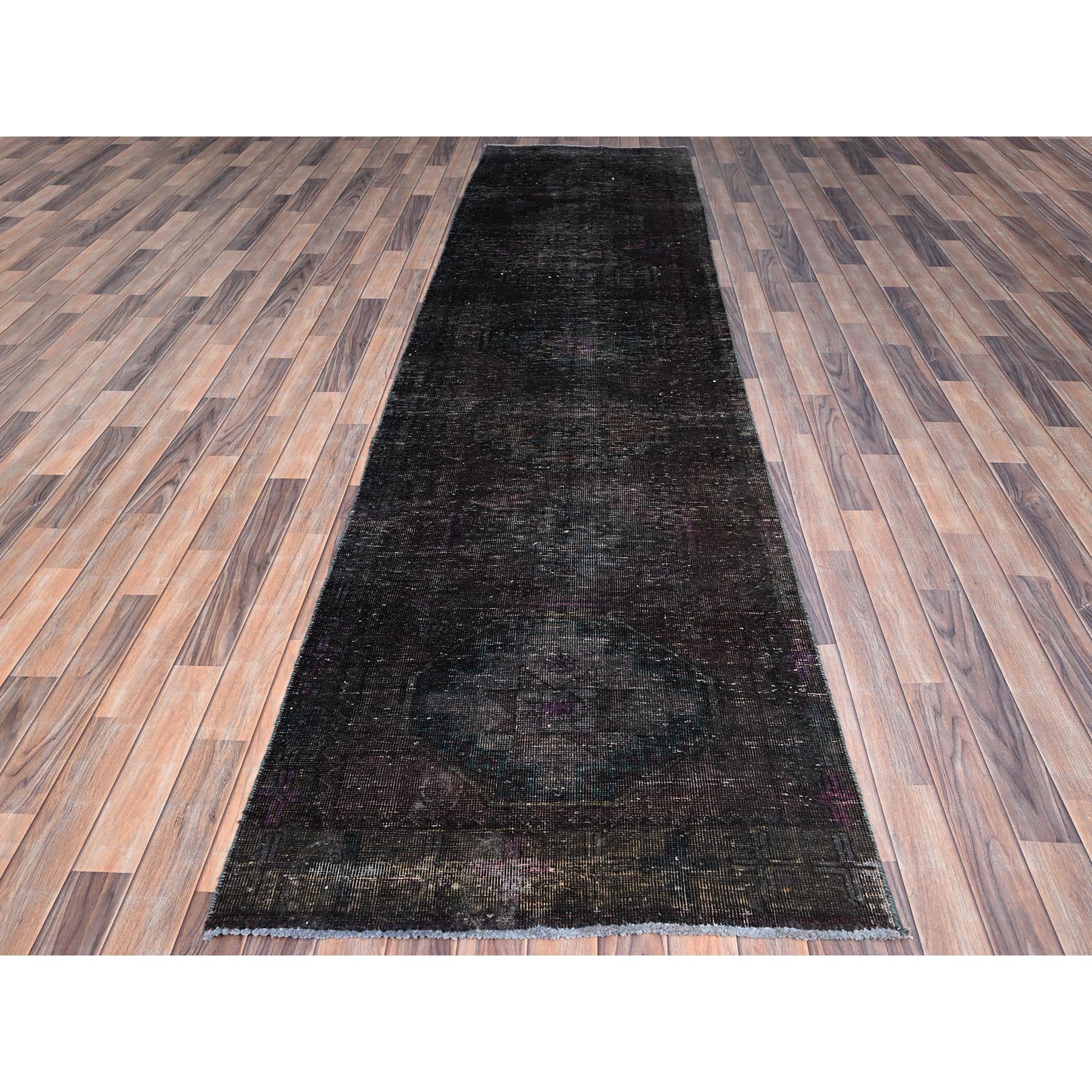 3'2"x12' Charcoal Black, Hand Knotted, Overdyed, Vintage Persian Geometric Hamadan, Good Condition Borderless, Evenly Worn, Cropped Thin and Sheared Low, Sides and Ends Secured, Professionally Cleaned, Oriental Wide and Long Runner Rug HR86016 - Image 2