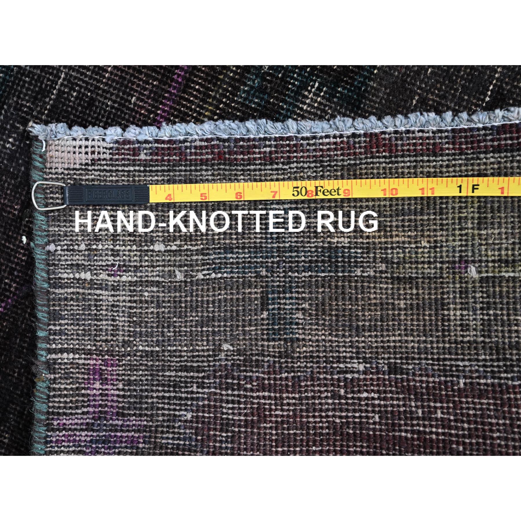 3'2"x12' Charcoal Black, Hand Knotted, Overdyed, Vintage Persian Geometric Hamadan, Good Condition Borderless, Evenly Worn, Cropped Thin and Sheared Low, Sides and Ends Secured, Professionally Cleaned, Oriental Wide and Long Runner Rug HR86016 - Image 7