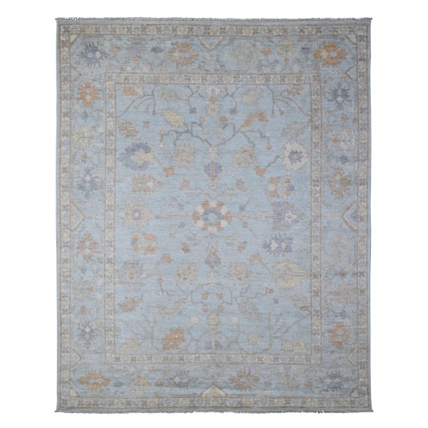 7'9"x9'9" Beau Blue, Faded Out Angora Oushak, Wool Weft, Hand Knotted, All Over Rural Elements, Vegetable Dyes, Oriental Rug HR88658