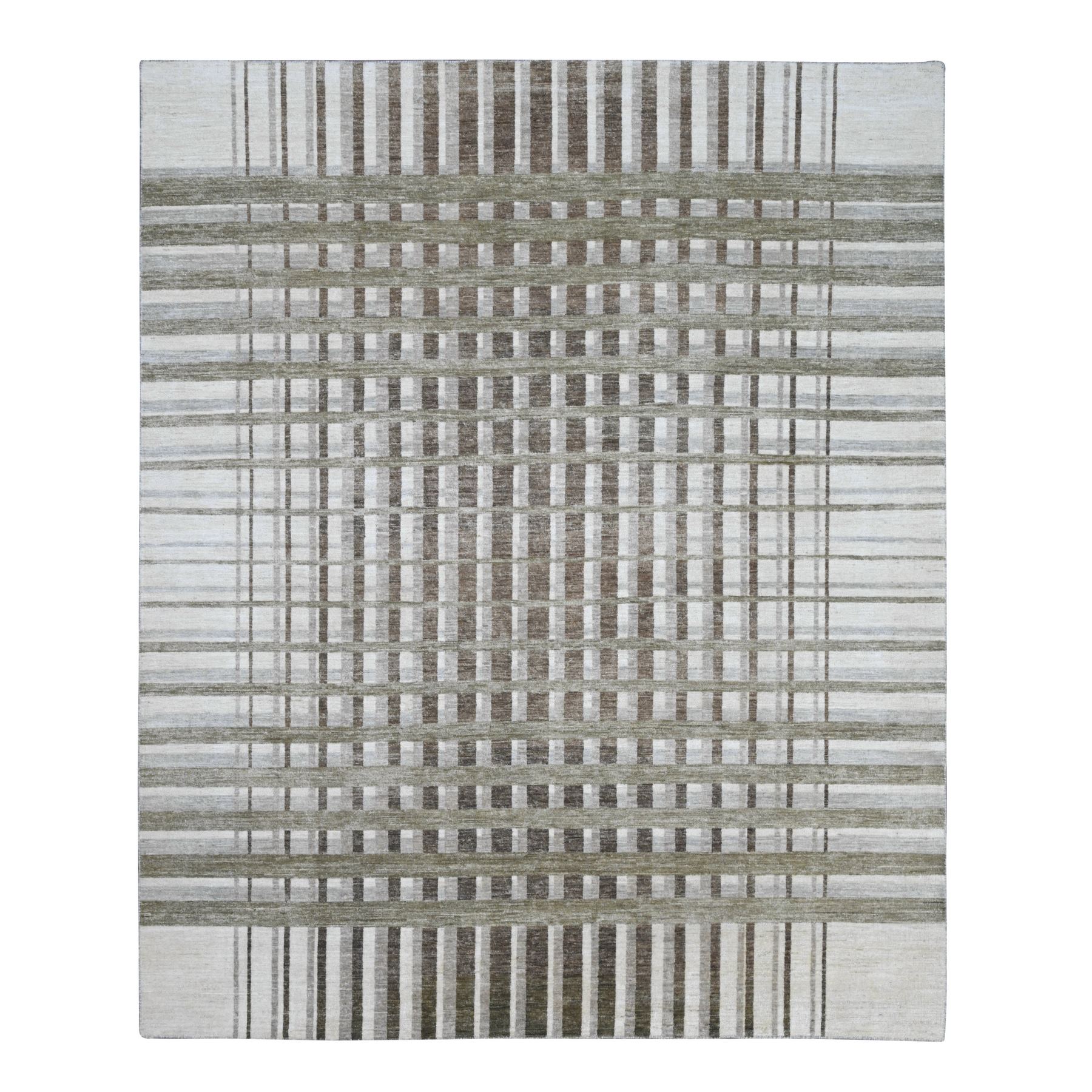 8'x9'9" Dark Vanilla Brown, Bauhaus Inspired Criss Cross Line Design, Hand Knotted, Soft and Velvety Wool, Oriental Rug HR89773