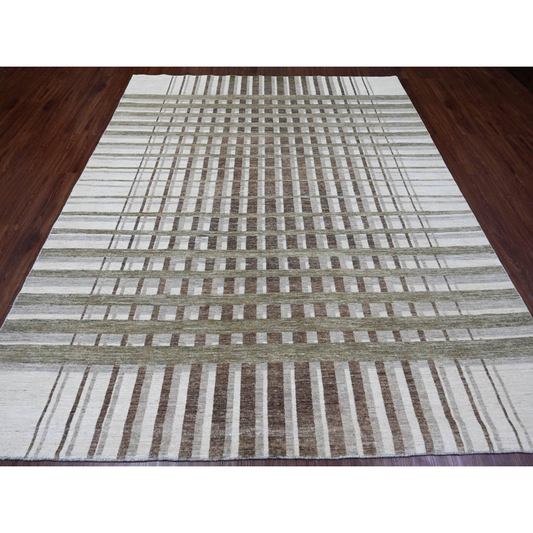 8'x9'9" Dark Vanilla Brown, Bauhaus Inspired Criss Cross Line Design, Hand Knotted, Soft and Velvety Wool, Oriental Rug HR89773 - Image 2