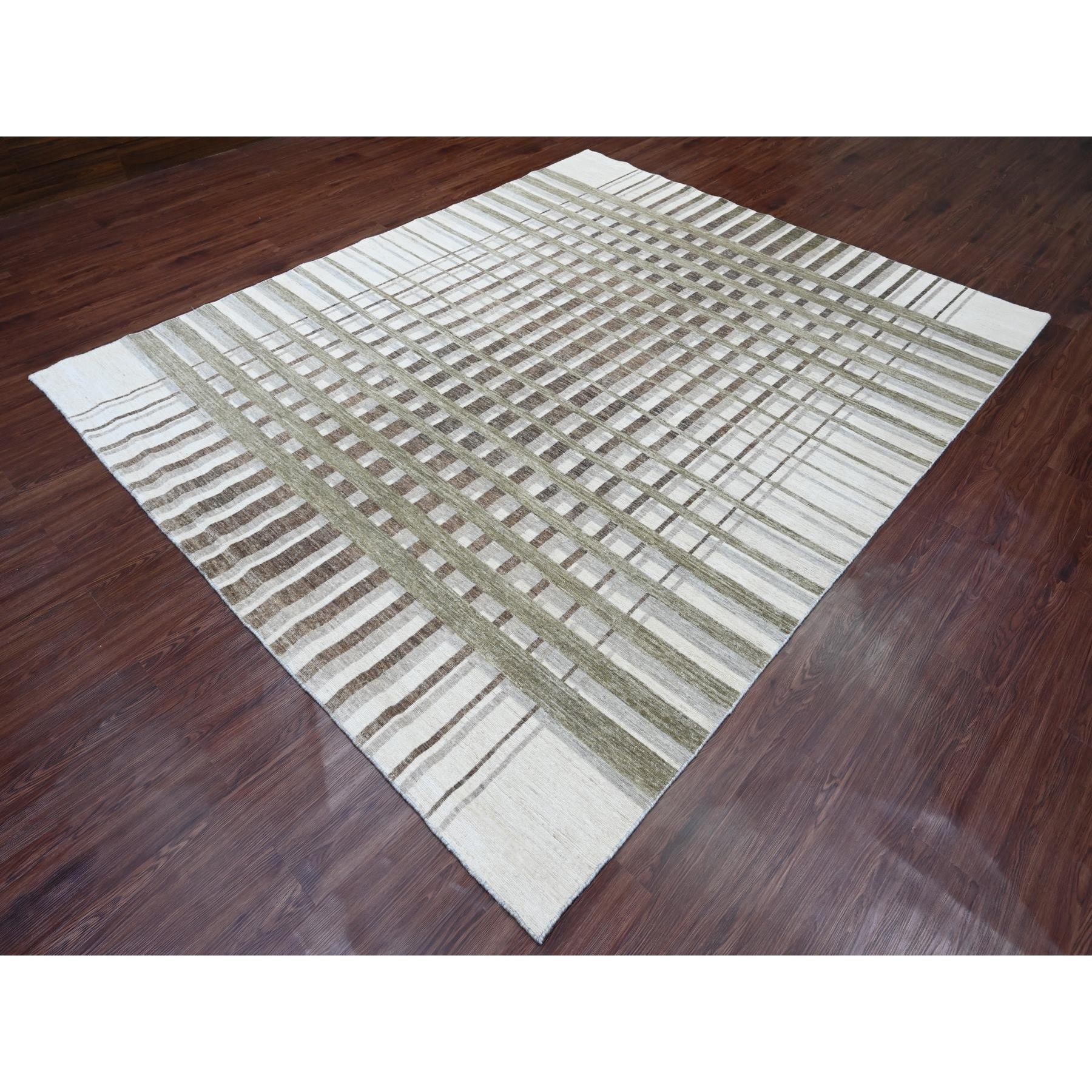 8'x9'9" Dark Vanilla Brown, Bauhaus Inspired Criss Cross Line Design, Hand Knotted, Soft and Velvety Wool, Oriental Rug HR89773 - Image 3