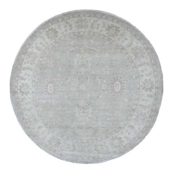 8'x8' Misty Gray, Washed Out Ziegler Mahal Revival with All Over Pattern, Hand Knotted, 100% Wool, Round, Oriental Rug HR89795