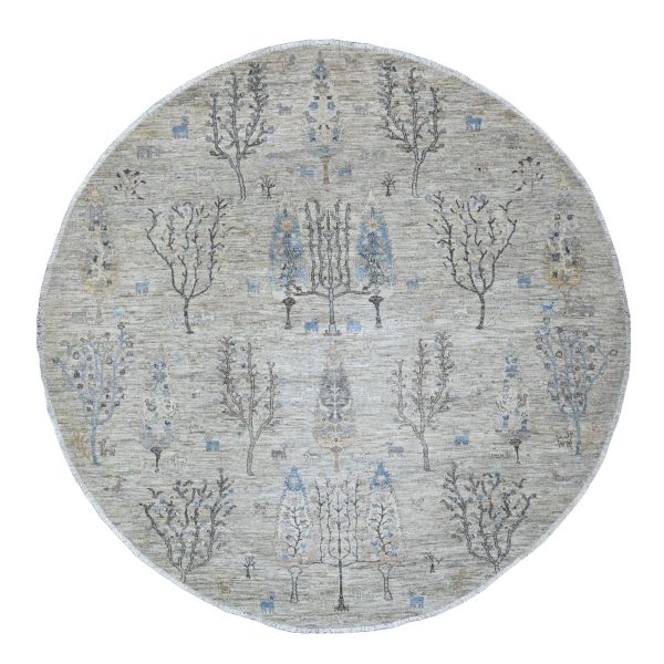 8'x8' Oyster Gray with Soft Colors, Peshawar, Willow and Cypress Tree Design, Hand Knotted, Densely Woven, 100% Wool, Round, Oriental Rug HR89797