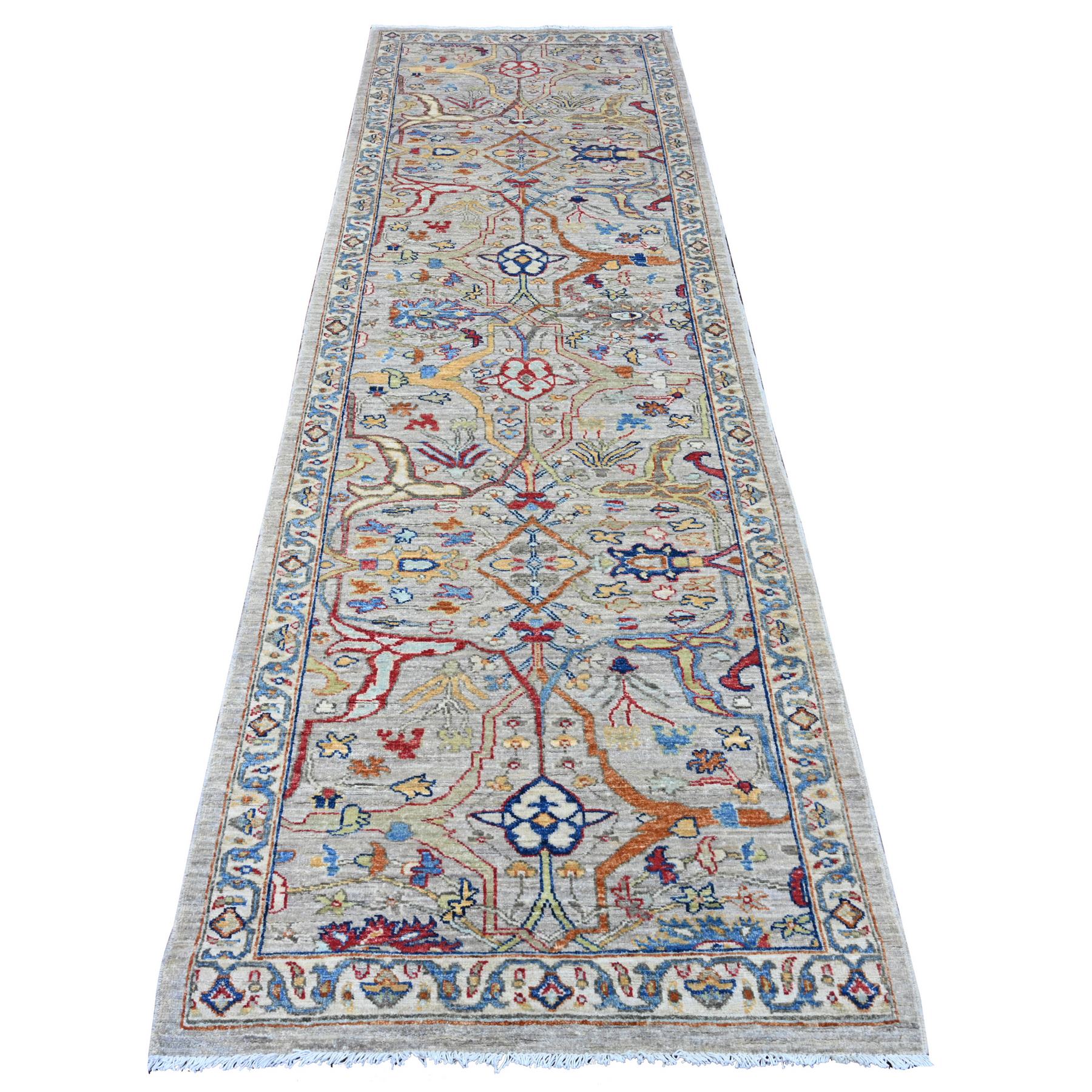 3'x9'8" Pastel Gray, Peshawar with Bijar Garus Design, Aryana Grade, Hand Knotted, Vegetable Dyes, High Mountain Wool, Densely Woven, Runner, Oriental Rug HR89815